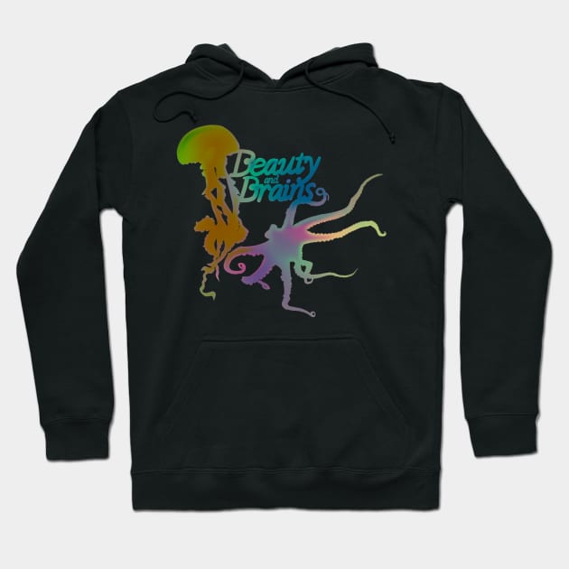 Beauty and Brains, Octopus and Jellyfish Duo 2, Hazy Pastel Rainbow, Bold Graphic Design Hoodie by cherdoodles